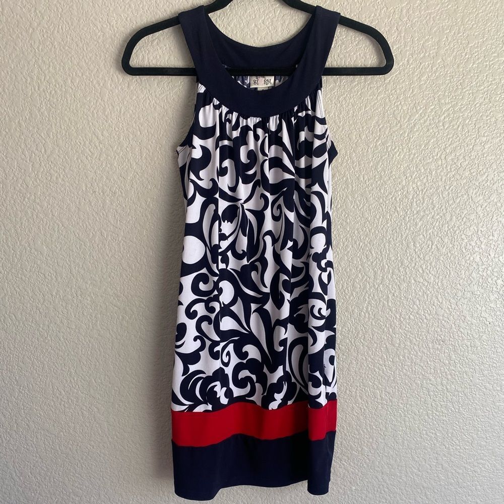 Navy & White Scroll Print Sleeveless Dress with Red Trim – Size S